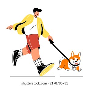 Concepto de vacaciones de verano. Un joven feliz corre tras su adorable cachorro. Personaje o dueño caminando con su mascota o perro. Actividad y recreación con animales. Dibujo vectorial plano de caricatura en estilo doodle