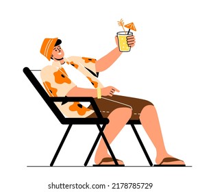 Summer vacation concept. Young man lies on outdoor chair, drinks delicious refreshing cocktail and relaxes on beach. Tourism and travel by sea. Cartoon flat vector illustration in doodle style