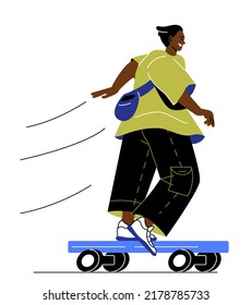 Summer vacation concept. Young smiling guy in stylish clothes rides skateboard around city or street. Adventure, rest and relaxation in summer season. Cartoon flat vector illustration in doodle style