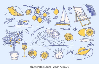 Summer vacation contour elements set, hand drawn linear Italian coast sea print, beach lounge. Yellow lemonade, citrus, seafood, , boat, shell, lemon tree. Vector illustration.