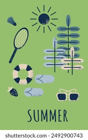 Summer vacation contrast poster with text Summer in flat geometric style. Vector modern illustration with sun, glasses, flip flops and racket for banner or poster