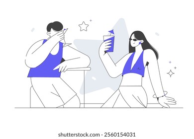 Summer vacation. Couple drinking cocktails and sunbathing. Couple enjoying drink on beach. Big style Characters. Flat Cartoon Vector Illustration, icon. Stylish abstract Blue 