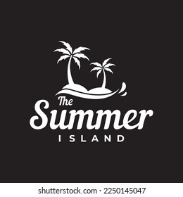 Summer vacation creative logo on the beach with symbols of waves, palm trees and surfboards in retro style.Emblem,label, poster,badge.