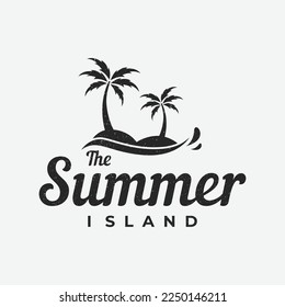 Summer vacation creative logo on the beach with symbols of waves, palm trees and surfboards in retro style.Emblem,label, poster,badge.