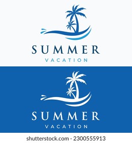 Summer vacation creative logo on the beach with symbols of waves, palm trees and surfboards in retro style.Emblem,label, poster,badge.