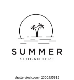 Summer vacation creative logo on the beach with symbols of waves, palm trees and surfboards in retro style.Emblem,label, poster,badge.