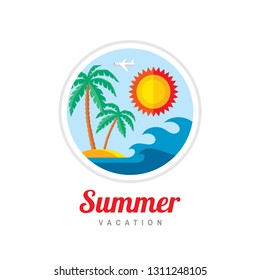Summer vacation - creative logo template vector illustration in flat style. Travel sign in circle shape.  Holiday paradise symbol. Sea waves, island, sun, palm, beach. Graphic design element. 