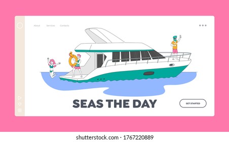 Summer Vacation Cruise Landing Page Template. Characters Traveling on Luxury Yacht at Sea, Happy Woman Jump to Water, Man Drink Cocktail on Ship Deck, People Take Sun Bath. Linear Vector Illustration