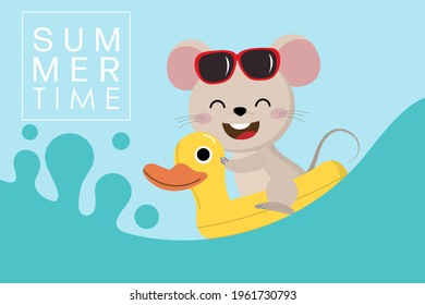 Summer vacation with cut mouse and yellow duck swim rubber ring. Little rat and animal pool toys are swimming in the sea.