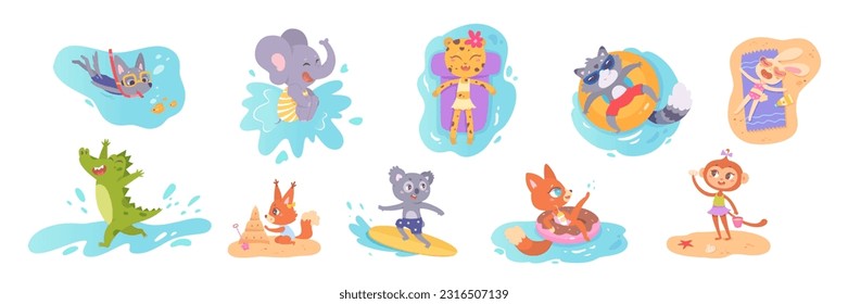 Summer vacation of cute animals set vector illustration. Cartoon isolated funny beach scenes with zoo characters collection, crocodile monkey rabbit elephant cat wolf raccoon koala fox on pool party