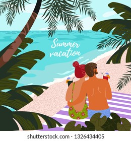 Summer vacation. Cute poster, card or cover with an illustration of a couple man and woman on a background of blue sea, white sand and tropical trees and leaves. Vector illustration