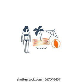 Summer vacation decorative elements, background decoration icons, sea recreation collage, vector flat design illustration