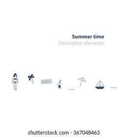 Summer vacation decorative elements, background decoration icons, small black objects, sea recreation template, minimalistic flat graphic design