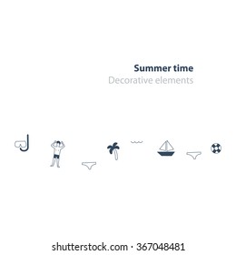 Summer vacation decorative elements, background decoration icons, small black objects, sea recreation template, minimalistic flat graphic design