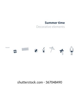 Summer vacation decorative elements, background decoration icons, small black objects, sea recreation template, minimalistic flat graphic design