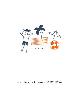 Summer vacation decorative elements, background decoration icons, sea recreation collage, vector flat design illustration