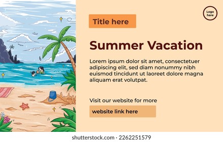 Summer vacation descriptive banner or poster vector illustration with vertical beach illustration isolated on landscape template. Paper print design layout with text placement guides.