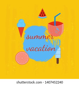 Summer vacation design. Banner template. Slise of watermelon, lemon, toucan, coctail, coconut  on orange texture background. 