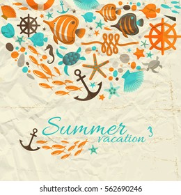 Summer vacation design composition with  nautical decorative cartoon elements on wrinkled paper background flat vector Illustration 