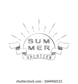 Summer vacation design element with sun and ribbon. Isolated on white background. Vector illustration.