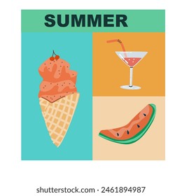 Summer vacation design. Geometry vector Summer poster. Ice cream, cocktail and watermelon . Abstract vector background. Perfect background for posters, cover art, flyer, banner.