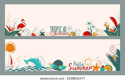 Summer vacation. Design leaflets with hand drawn summer elements