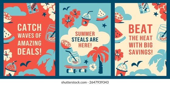 Summer vacation design set for seasonal sales. Templates for advertising banners and vertical posts. Editable A4 format vector frames for copy space