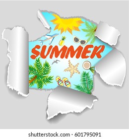 Summer Vacation Design for Travel in a Sand Beach Island in Horizon with Summer Items.