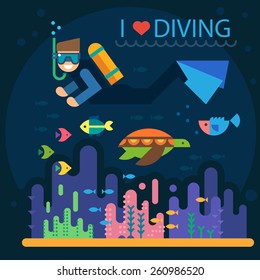 Summer vacation. Diving. Diver with fins and mask. Underwater world: fish, turtles, corals, algae, bottom. Vector flat  illustrations