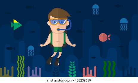 Summer vacation. Diving. Diver with fins and mask. Underwater world: fish, turtles, corals, algae, bottom. Vector flat illustrations