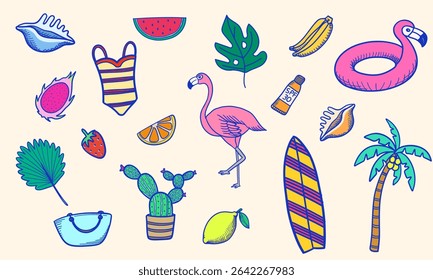Summer vacation doodle cartoon illustrations. Set hand drawn vector elements for vacation, beach holiday, weekend and summer time concept. Drawing a flamingo, fruit, swimwear and tropical beach items