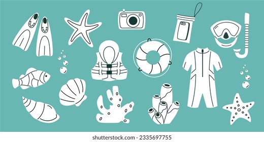 Colección de elementos del doodle de vacaciones de verano. Actividades acuáticas con objetos de estilo dibujados a mano. Flipper, snorkel, cámara submarina, máscara, traje húmedo, corales. Ilustración vectorial sobre fondo blanco.