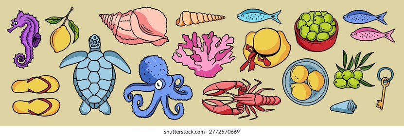 Summer vacation doodle elements set. Dolce vita colorful drawings with beach flip-flops, hat, shells, lemons, corals, octopus and other marine animals