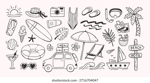 Sommerurlaub doodle Symbol. Strand- und Seereisen mit Abenteuer- und Urlaubsvektorsatz. Handgezeichnete Sonne und Palme, Badeanzug und Flip-Flops, Koffer und Cocktail. Tropisches, niedliches Ausflugskonzept.