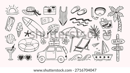 Summer vacation doodle icon. Beach and sea travel with adventure and holiday vector set. Hand drawn sun and palm tree, swimsuit and flip-flops, suitcase and cocktail. Tropical cute trip concept.