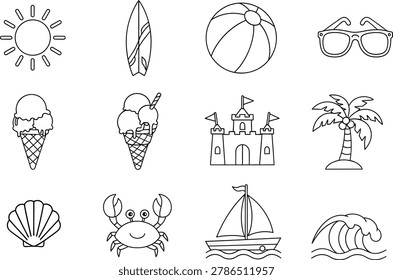 Summer vacation doodle icon collection with beach travel activity elements