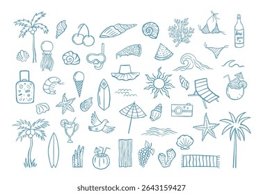 Summer vacation doodle icon set with hand drawn beach elements, fruits, drinks, ocean life, swimwear, waves and holiday symbols in sketch style hand drawn