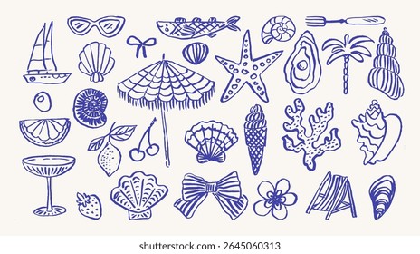 Summer vacation doodle illustration collection. Beach and travel elements set. Cute blue ink style.