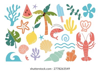 Summer vacation doodle illustration set. Coast hand drawn elements palm tree, fruit, seafood, lobster, shell. Trendy groovy doodle aesthetic minimalist printable patch set