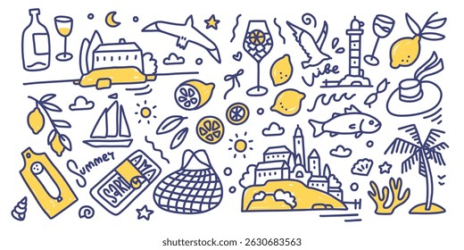 Summer vacation doodle illustrations set, hand drawn Italian coast sea print, beach vibes. Yellow lemonade citrus, Mediterranean seafood picnic, houses on island, boat, shell. Vector contour design