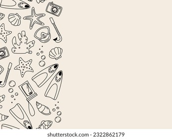 Summer vacation doodle seamless border. Simple line snorkel, mask, flippers, lifebuoy and sea shells drawings on beige background with place for text. Outline vector illustration.