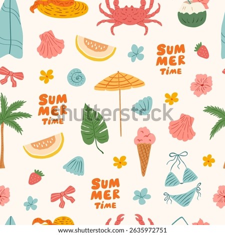 Summer vacation doodle seamless pattern. Beach and sea travel cute elements. Hand drawn palm tree, fruit, crab, seashell, flower, bikini, umbrella. Coastal print for fabric, wallpaper, wrapping paper.