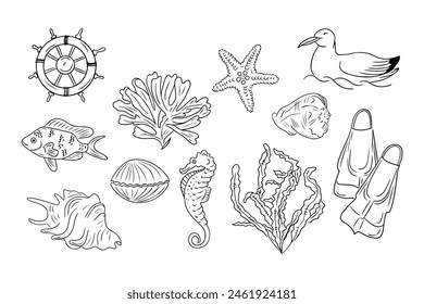 Summer vacation doodle set with fish, seaweeds and seashells. Collection of sketchy contour drawings on the seaside isolated on white background. Monochrome black outline stickers