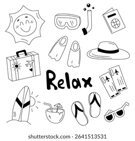 Summer vacation doodle set. Hand drawn travel elements, beach and holiday symbols.