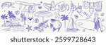 Summer vacation doodle style illustration set. Vector ink hand drawn coastal sea or beach leisure and surf activities print elements. Sea weekend rest collection for invitations to beach party, picnic