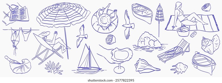 Summer vacation doodle style illustration set. Vector ink hand drawn Italian coast sea or beach print elements. Sea weekend or rest collection for invitation to beach party, picnic, wedding.