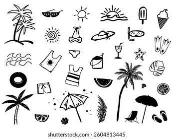 Summer vacation doodle style illustration set. Sea vacation collection for invitation to beach party, picnic, wedding or save the date.