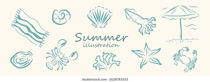 Summer vacation doodle style illustration set. Vector ink hand drawn Italian coast sea and beach print elements. Sea vacation collection for beach party invitation, picnic, wedding and save the date.