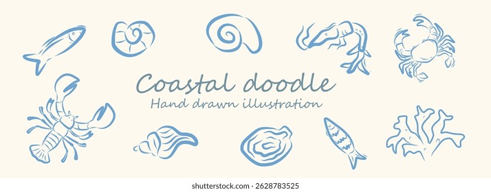 Summer vacation doodle style illustration set. Vector ink hand drawn Italian coast sea and beach print elements. Coastal icon collection for beach party invitation, picnic, wedding and save the date.