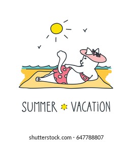 Summer vacation. Doodle vector illustration of cute white cat in pink bikini lying on the beach